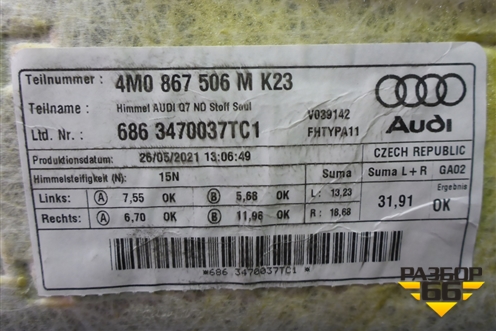 Обшивка потолка (4M0867506M) для Audi Q7 c 2015г