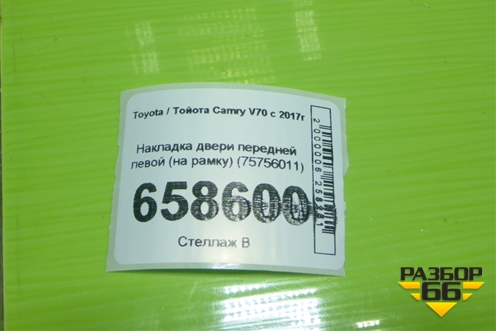 Накладка двери передней левой (на рамку) (75756011) для Toyota Camry V70 с 2017г (Камри)