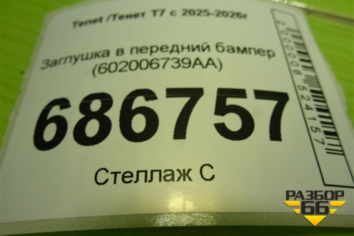 Заглушка в передний бампер (602006739AA) для Tenet T7 с 2025-2026г